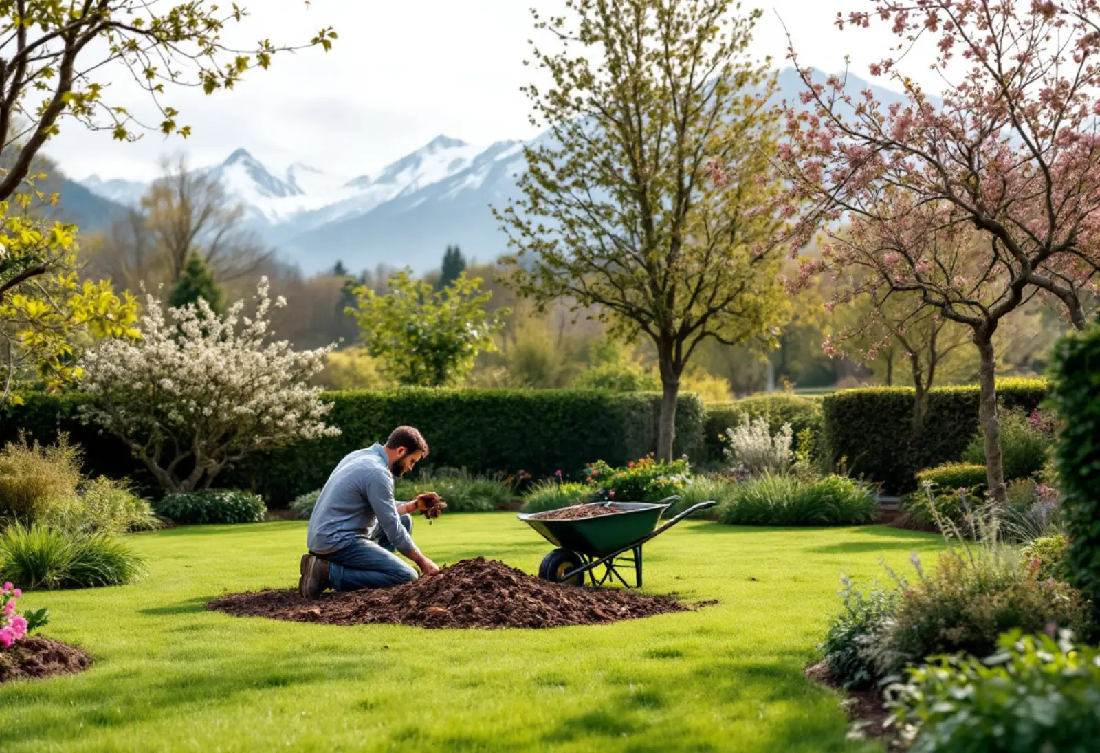 Jardinier paysagiste paillant un massif dans un jardin de Bigorre au printemps, fruitiers en bourgeons et sommets enneigés des Pyrénées en arrière-plan