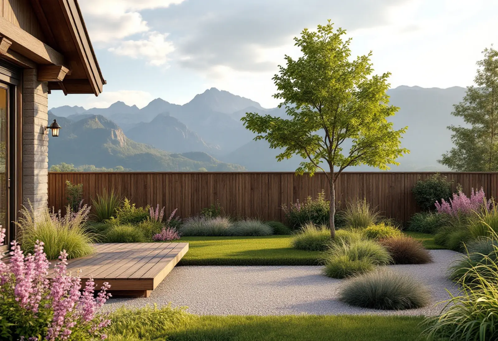 Jardin paysager avec terrasse en bois, allée de gravier et massifs de graminées devant les Pyrénées, réalisé près de Tarbes