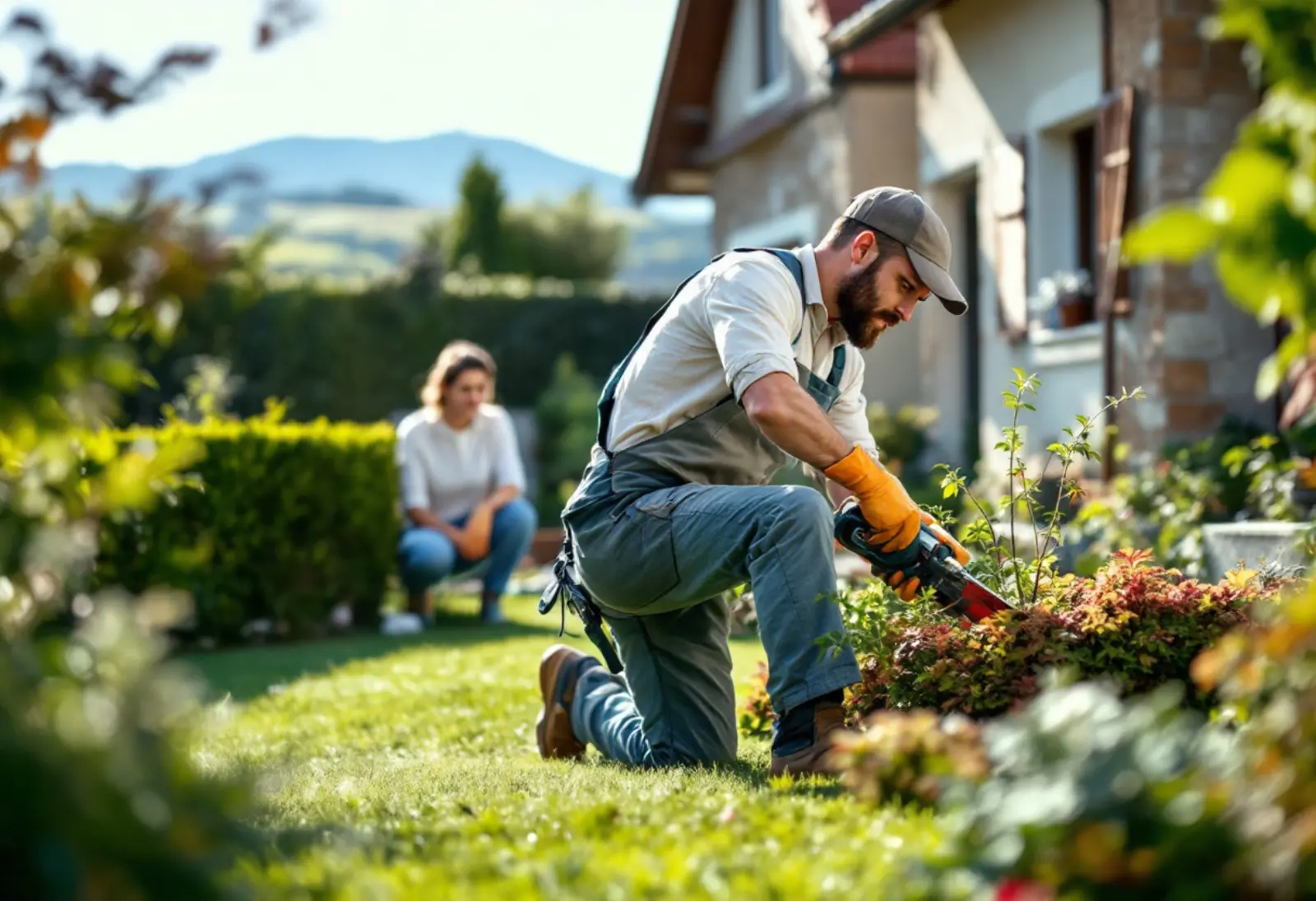 Jardinier de Cours et Jardins Olhaberry taillant une haie devant une maison à Tarbes, collines de Bigorre en arrière-plan