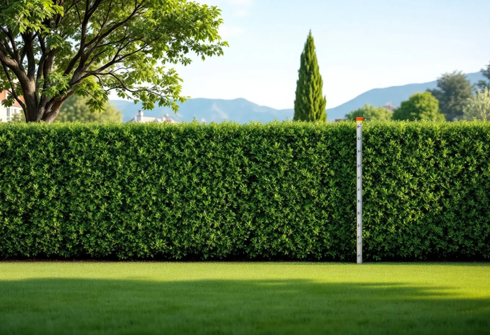 Haie taillée séparant deux jardins avec une perche de mesure, piémont pyrénéen en arrière-plan près de Tarbes