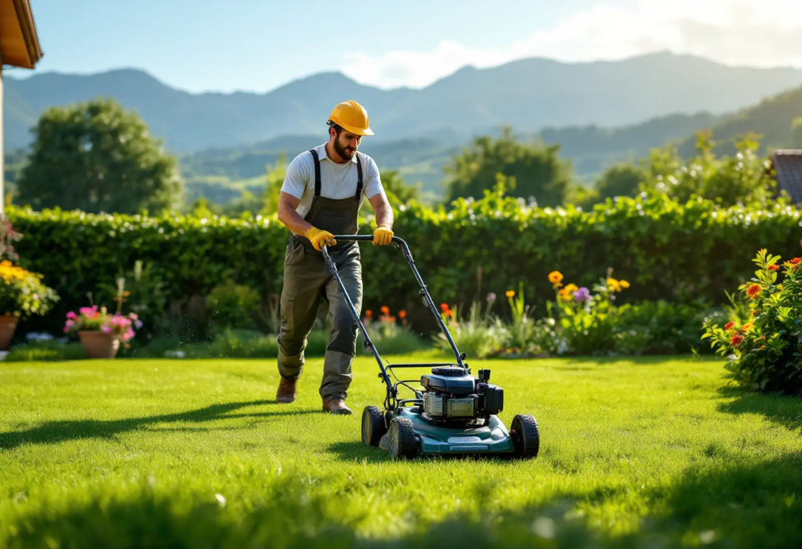 Jardinier professionnel tondant une pelouse résidentielle près de Tarbes, avec une haie et les contreforts pyrénéens en arrière-plan